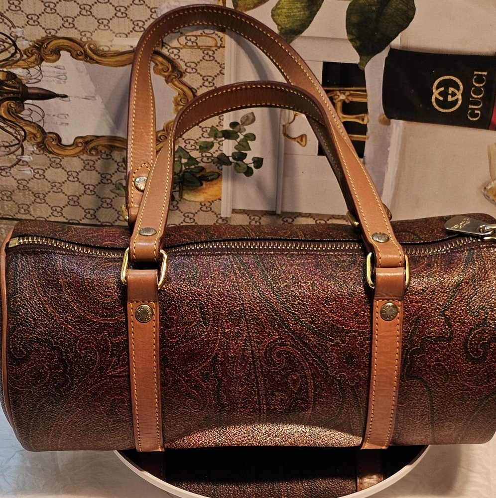Etro Paisley Brown Embossed Leather Small Barrel Bag